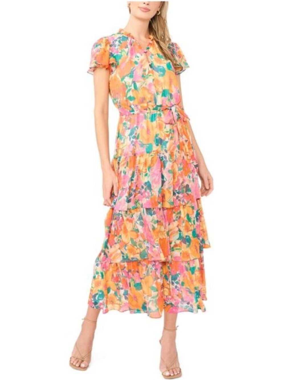 $89 Sam And Jess Women's Tiered Floral Flutter-Sleeve Maxi Dress Melon Size XL